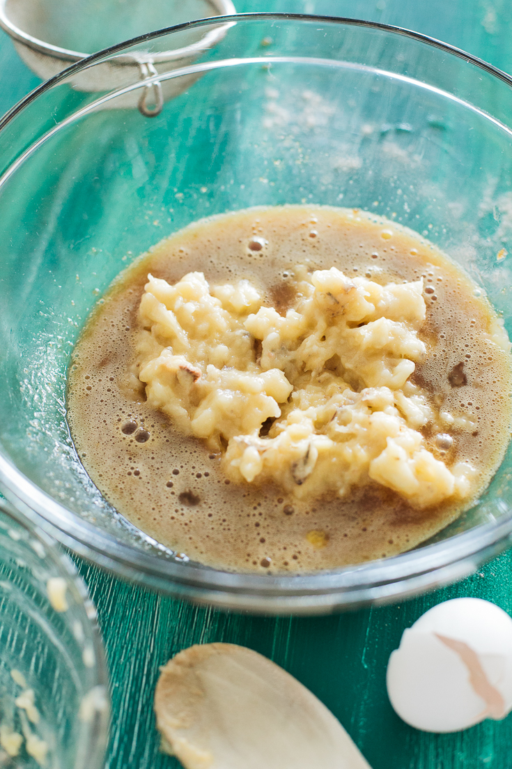 Mashed bananas in whole wheat banana bread batter